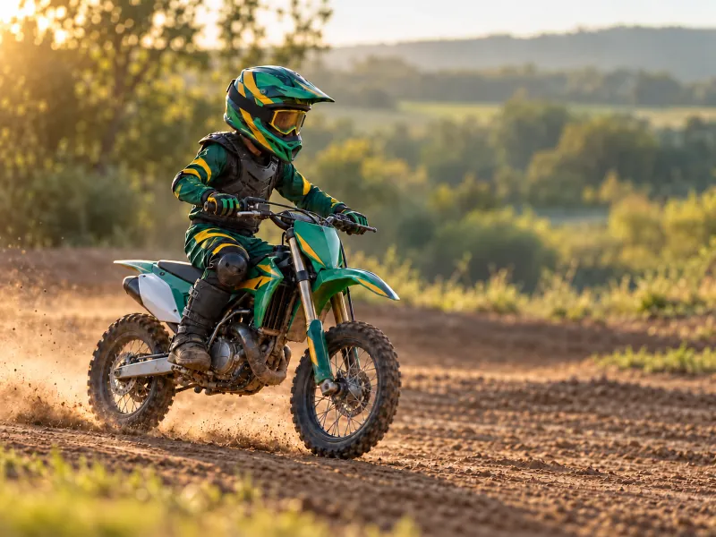 Junger Motocross-Fahrer mit Crosshelm, Brille und Protektoren auf der Strecke
